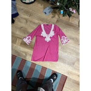 J.Crew Embroidered Hot Pink Cotton V-Neck Tunic Med Beach Wear